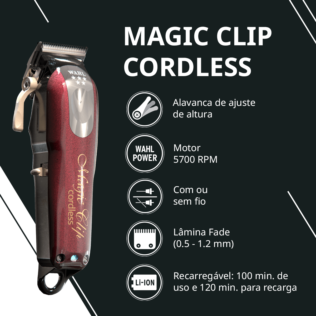 Kit Máquina de Cortar Cabelo Profissional Sem Fio Wahl Magic Clip